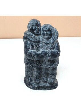 A Wolf Original Handmade Inuit Couple Soapstone Sculpture Canada